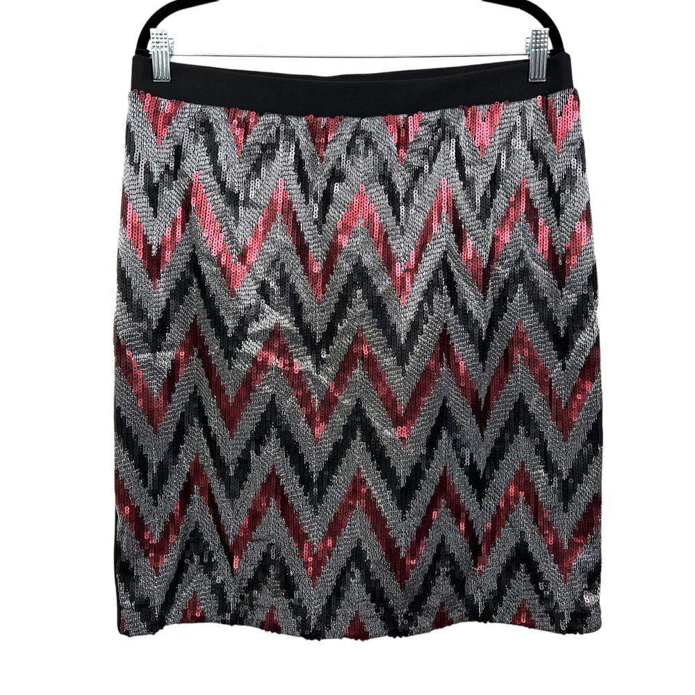 CATO Womens Sequin Pencil Skirt Stretch Chevron Metallic Black Silver Red Sz L*